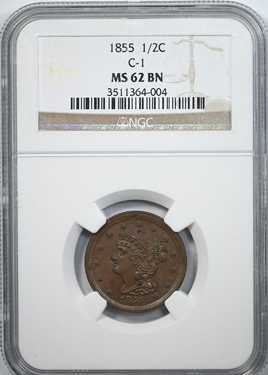 1855 Braided Hair Half Cent 1/2C NGC MS62BN C-1 Obverse Slab