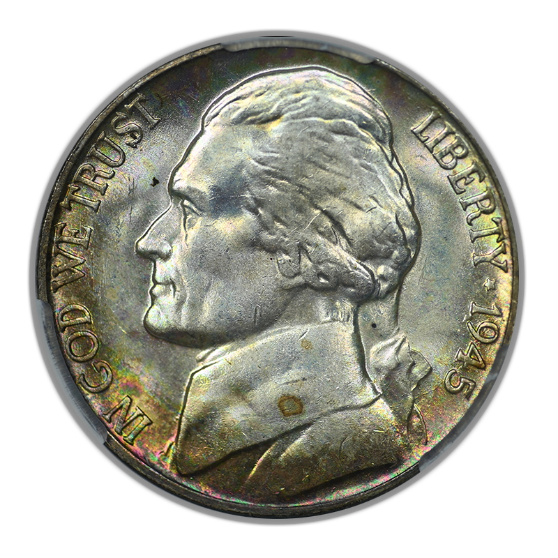 1945-P Silver Jefferson War Nickel 5C CAC MS66+ - TONED!