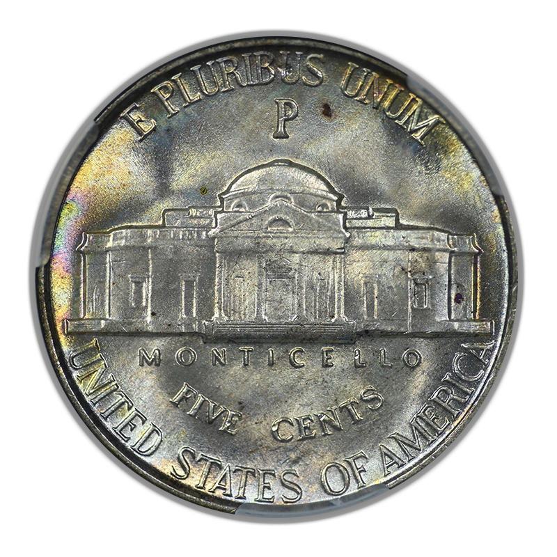 1945-P Silver Jefferson War Nickel 5C CAC MS66+ - TONED!