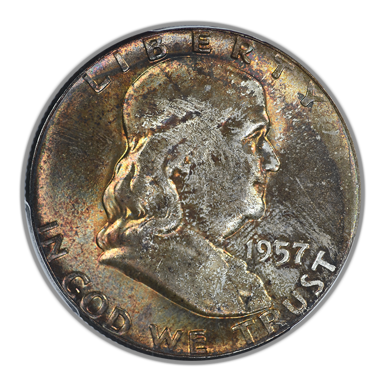 1957 Franklin Half Dollar 50C PCGS MS65 CAC - TONED!