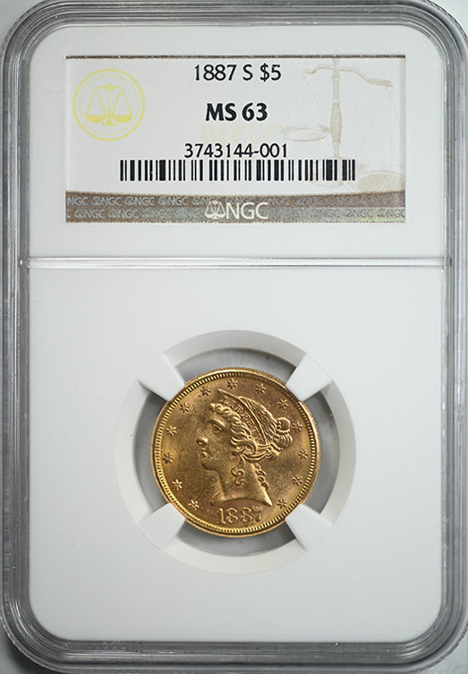 1887-S Liberty Head Gold Half Eagle $5 NGC MS63 Obverse Slab