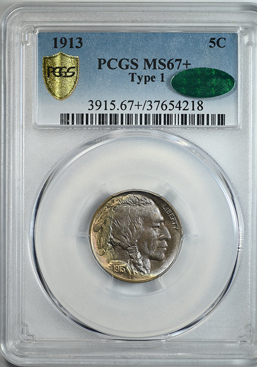 1913 Type 1 Buffalo Nickel 5C PCGS MS67+ CAC - TONED! Obverse Slab
