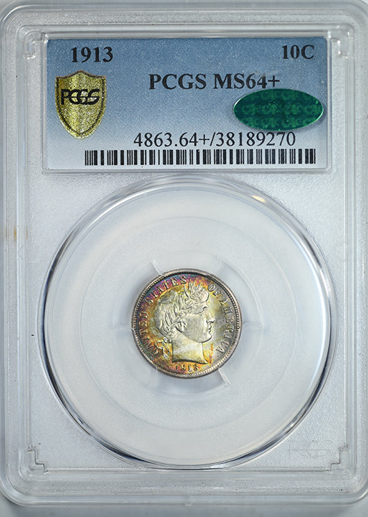1913 Barber Dime 10C PCGS MS64+ CAC - TONED! Obverse Slab