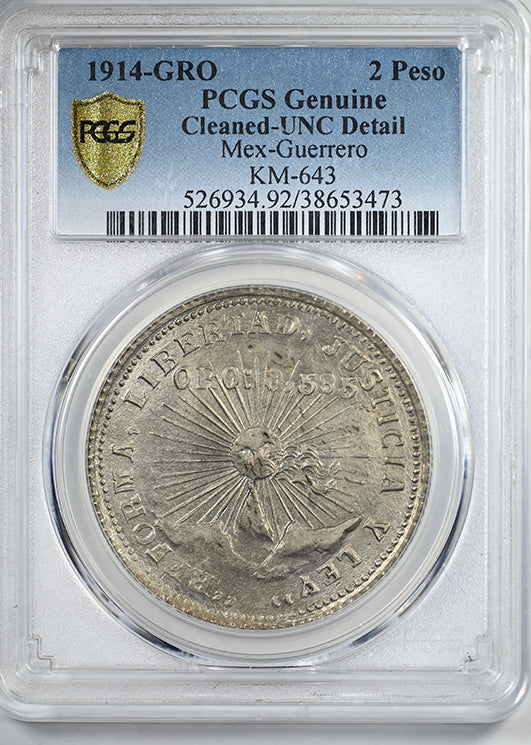 1914-GRO Mexico Guerrero Silver 2 Peso 2P PCGS Genuine UNC Detail KM-643