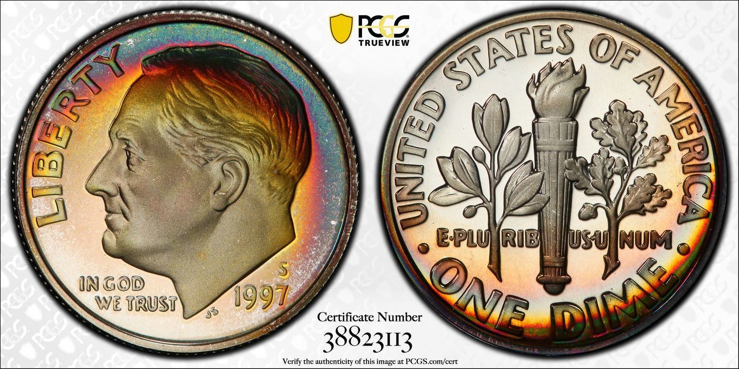 1997-S Silver Proof Roosevelt Dime 10C PCGS PR68DCAM Deep Cameo - TONED!