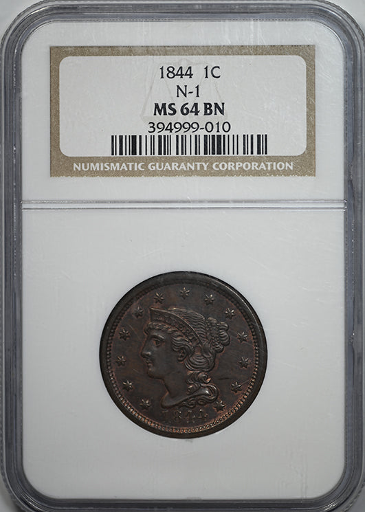 1844 Liberty Head Braided Hair Large Cent NGC MS64BN N-1 Obverse Slab