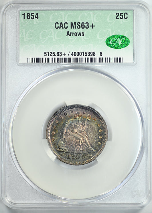 1854 Liberty Seated Quarter 25C CAC MS63+ Arrows - TONED!