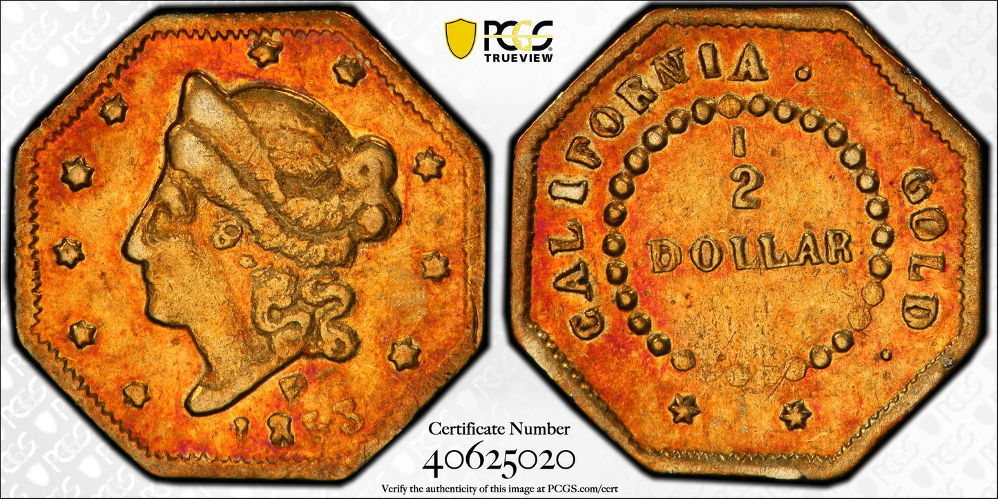 1853 Octagonal California Fractional Gold Liberty Head 1/2 Dollar G50C PCGS AU53 BG-304 - TONED!