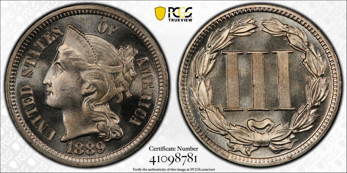 1889 Proof Three Cent Nickel Piece 3CN PCGS PR67+ CAC