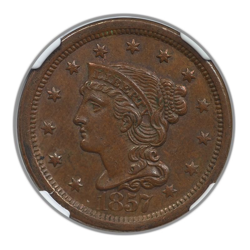 1857 Large Date Liberty Head Braided Hair Large Cent 1C NGC MS61BN N-1 Obverse