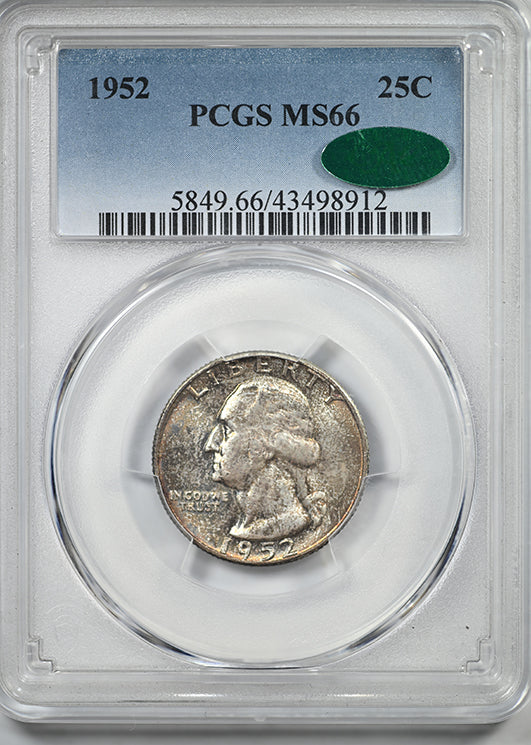 1952 Washington Quarter 25C PCGS MS66 CAC - TONED!