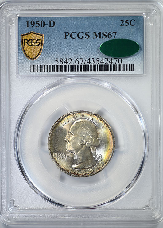 1950-D Washington Quarter 25C PCGS MS67 CAC Obverse Slab