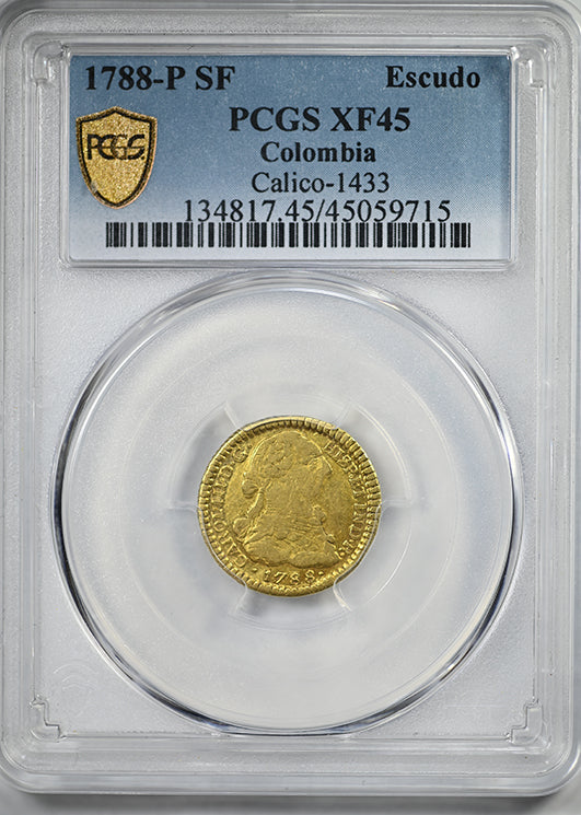 1788-P SF Colombia Gold Escudo PCGS XF45 Calico-1433