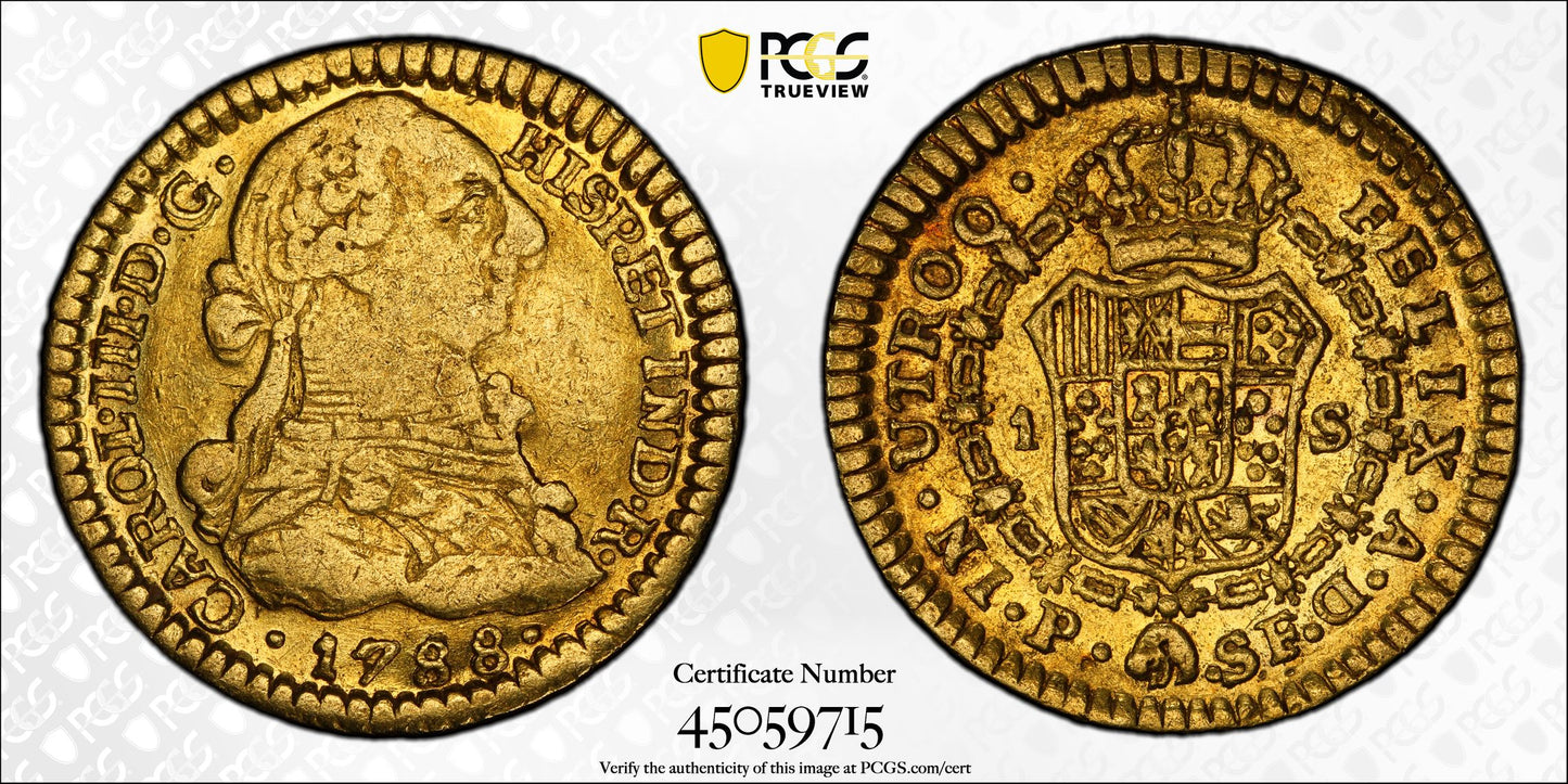 1788-P SF Colombia Gold Escudo PCGS XF45 Calico-1433