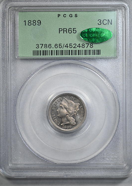 1889 Proof Three Cent Nickel 3CN PCGS PF65 CAC OGH Obverse Slab
