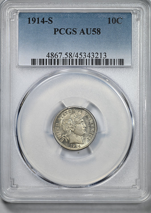 1914-S Barber Dime 10C PCGS AU58 – Americana Rare Coin
