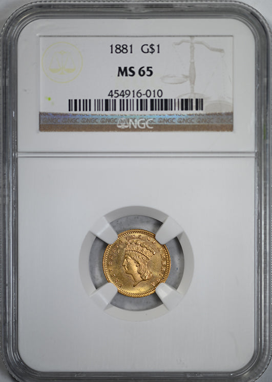 1881 Type 3 Indian Princess Head Gold Dollar G$1 NGC MS65 Obverse Slab