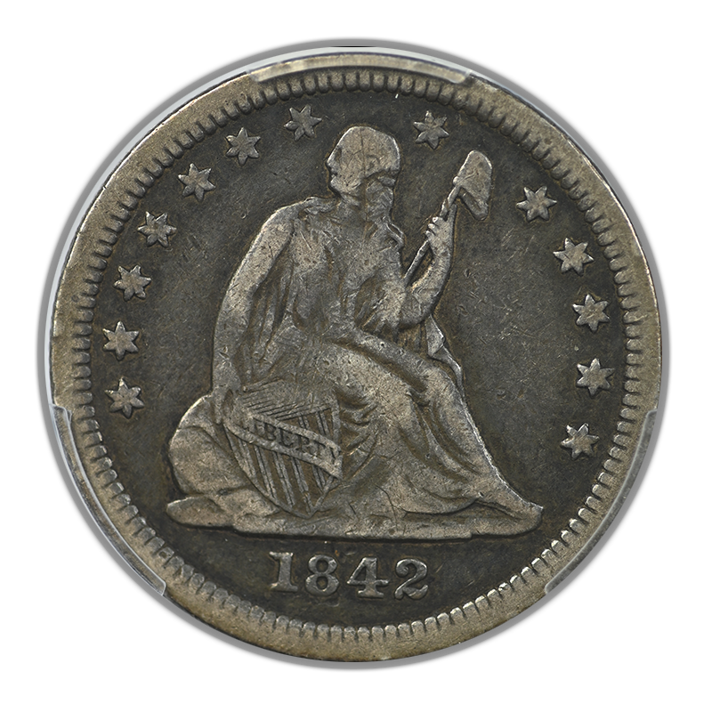 1842-O Liberty Seated Quarter 25C PCGS VF20 CAC - Large Date Obverse
