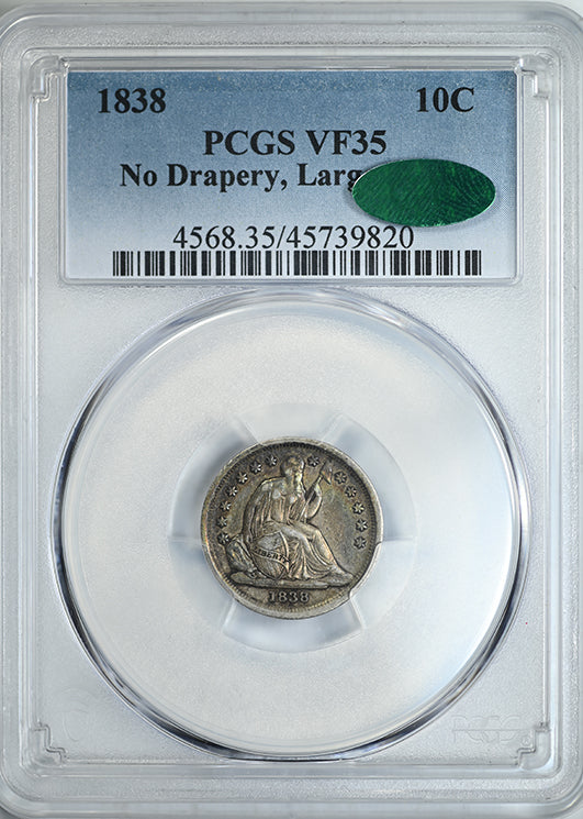 1838 Liberty Seated Dime 10C PCGS VF35 CAC - No Drapery, Large Stars Obverse Slab