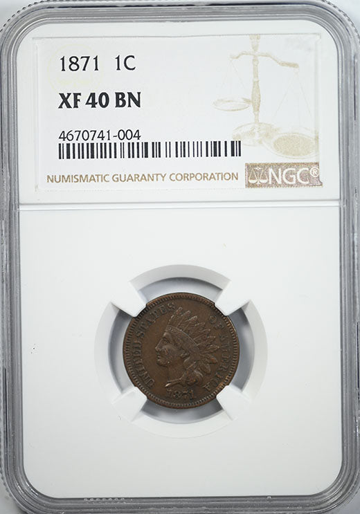 1871 Indian Head Cent 1C NGC XF40BN Obverse Slab