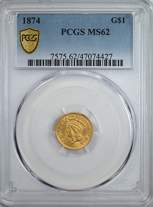 1874 Type 3 Gold Dollar G$1 PCGS MS62 Obverse Slab