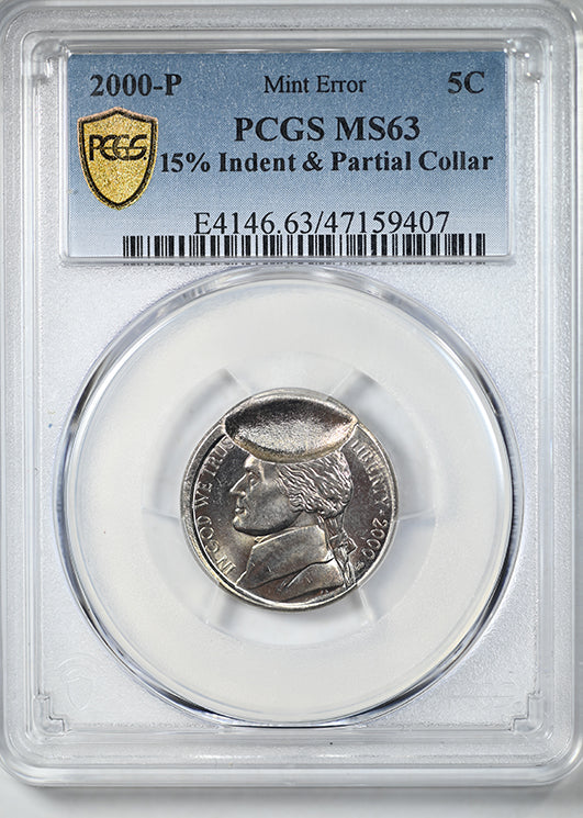 2000-P Jefferson Nickel 5C PCGS MS63 - Mint Error 15% Indent & Partial Collar