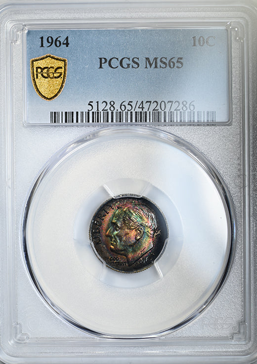 1964 Roosevelt Dime 10C PCGS MS65 - RAINBOW TONED! Obverse Slab