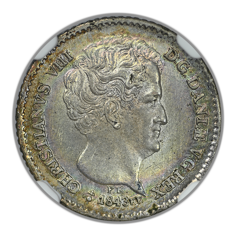 1843 FK//FF Denmark 8RBS Rigsbankskilling NGC MS64 - TONED!