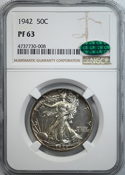 1942 Proof Walking Liberty Half Dollar 50C NGC PF63 CAC Obverse Slab