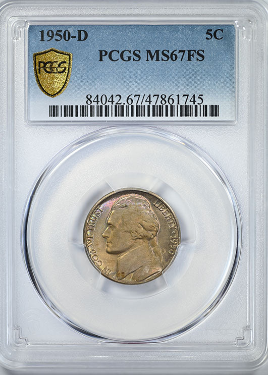 1950-D Jefferson Nickel 5C PCGS MS67FS - TONED! Obverse Slab