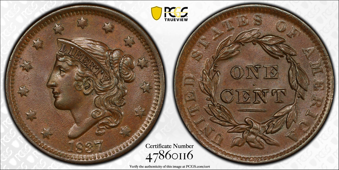 1837 Coronet Head Large Cent 1C PCGS MS62BN - Head of 1838
