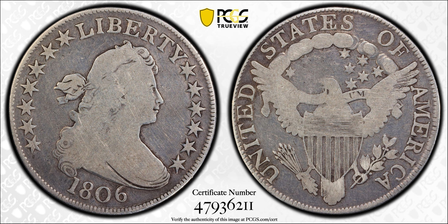 1806 Draped Bust Half Dollar 50C PCGS G06 O-124 Pointed 6, Stem, E/A