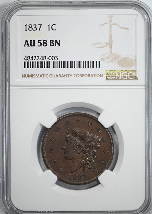 1837 Liberty Coronet Head Large Cent 1C NGC AU58BN Obverse Slab