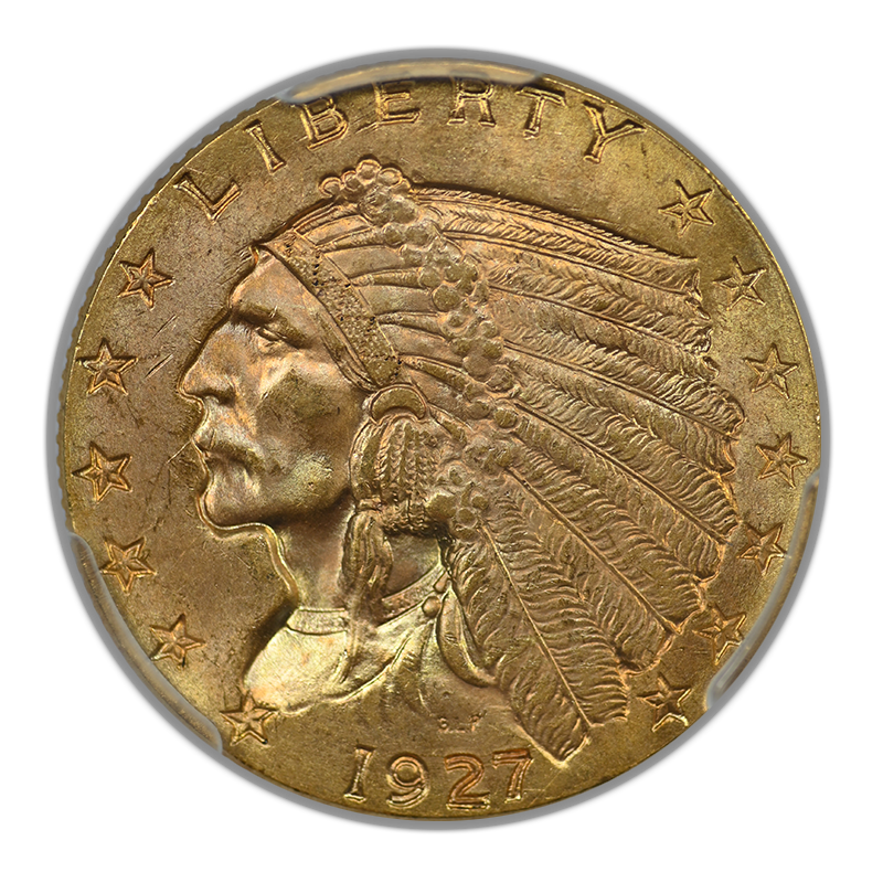 1927 Indian Head Gold Quarter Eagle $2.50 PCGS MS65+ CAC