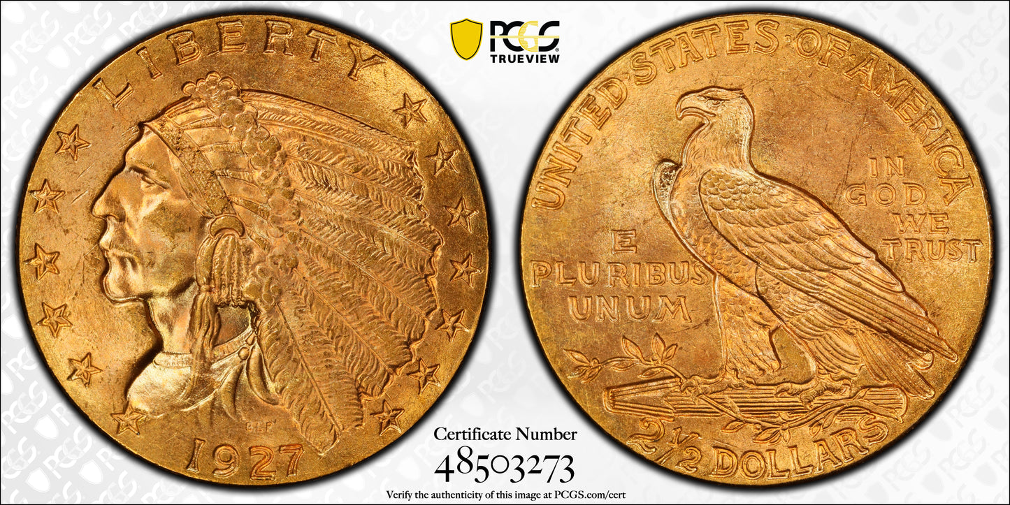 1927 Indian Head Gold Quarter Eagle $2.50 PCGS MS65+ CAC