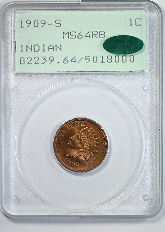 1909-S Indian Head Cent 1C PCGS Rattler MS64RB CAC Obverse Slab