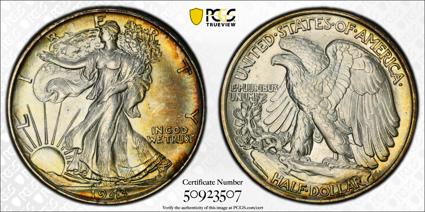 1943 Walking Liberty Half Dollar 50C PCGS MS65 CAC - TONED!