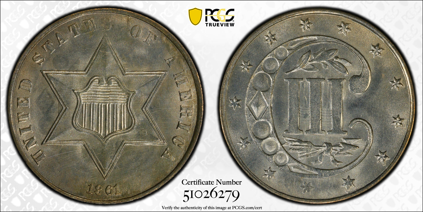 1861 Three Cent Silver Piece 3CS PCGS MS66