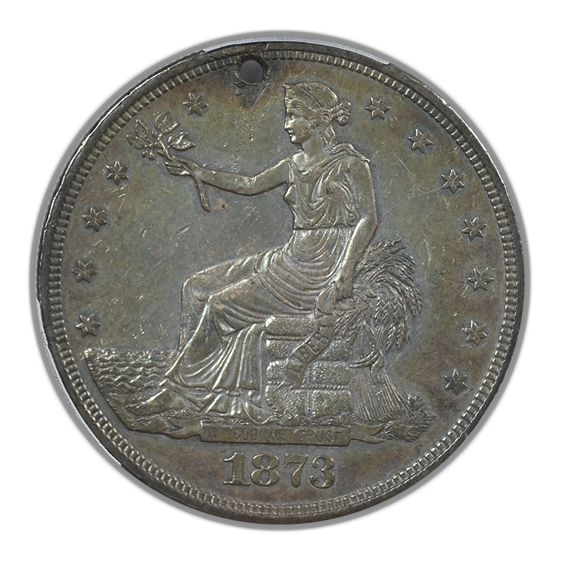 1873 Trade Dollar T$1 PCGS Genuine AU Detail Holed - TONED!