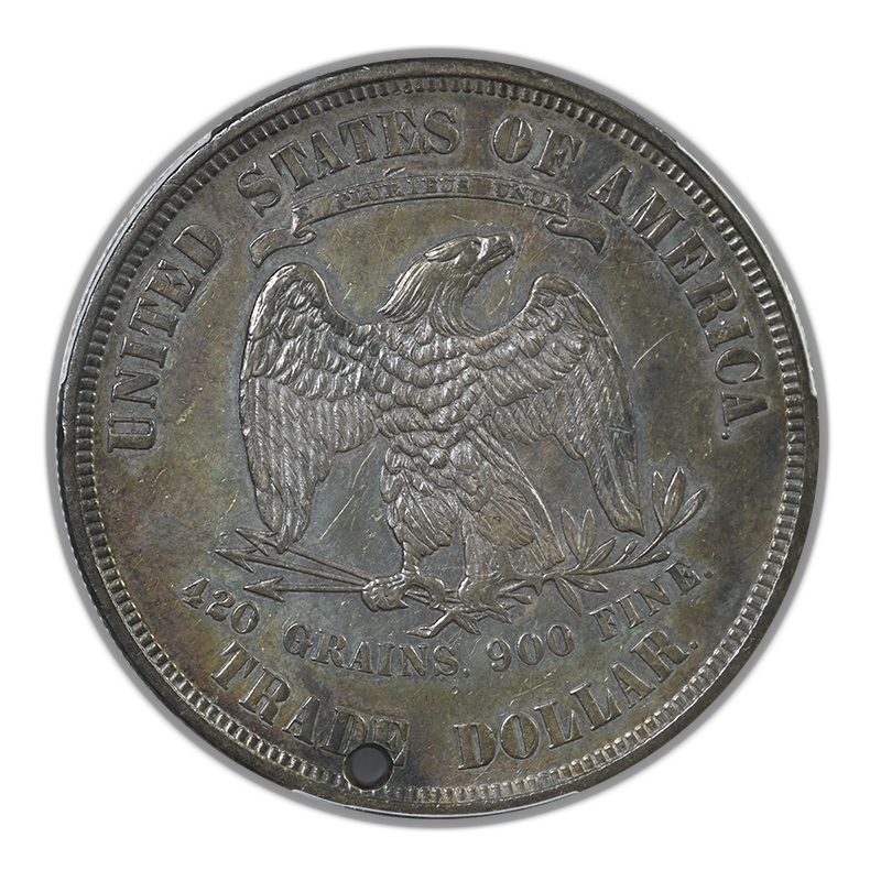 1873 Trade Dollar T$1 PCGS Genuine AU Detail Holed - TONED!
