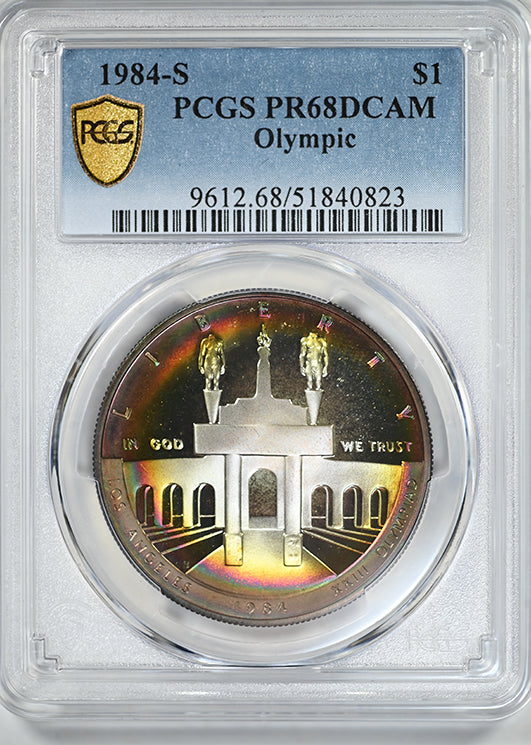 1984-S Proof Olympic Commemorative Silver Dollar $1 PCGS PR68DCAM Deep Cameo - TONED!