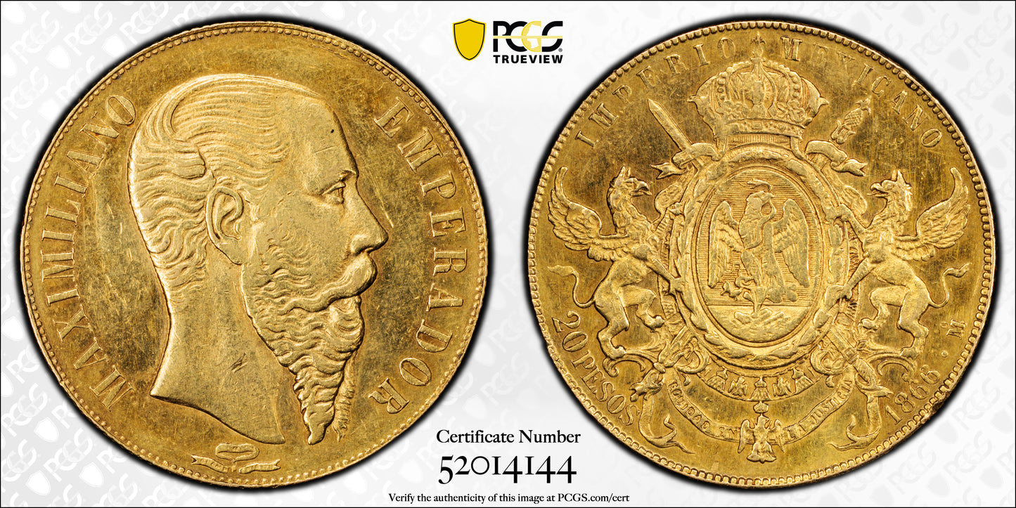 1866-Mo Mexico Gold 20 Peso G20P PCGS AU55 - Maximilian KM-389 Au