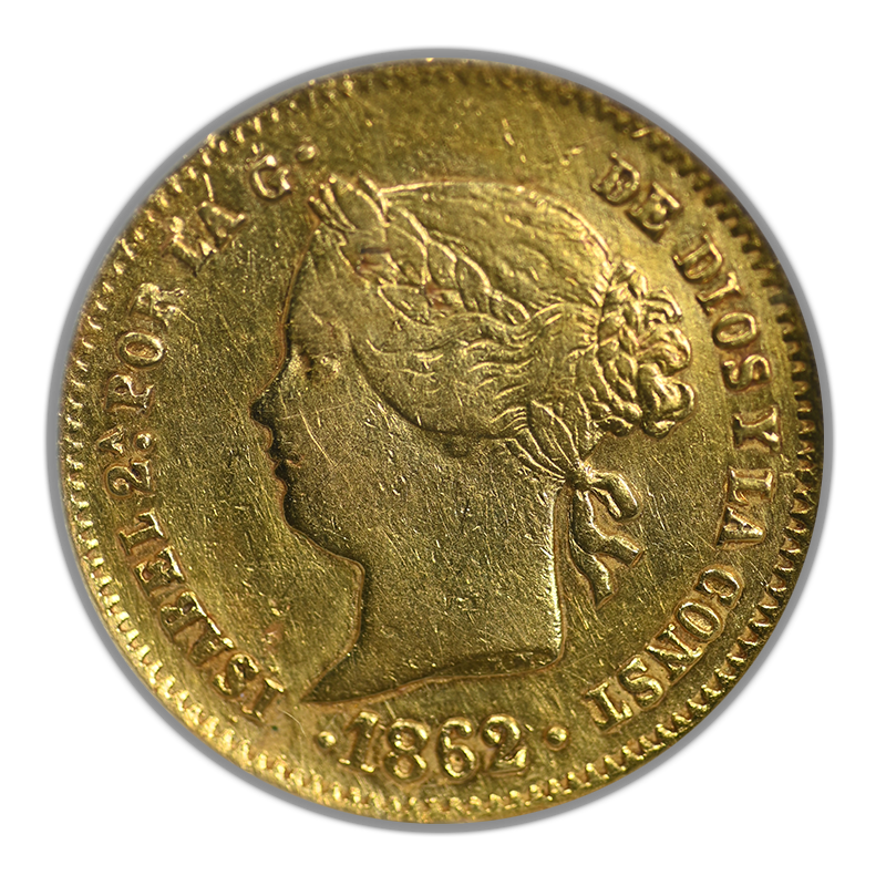 1862 Spanish Philippines Gold 2 Pesos G2P NGC NCS VF Details