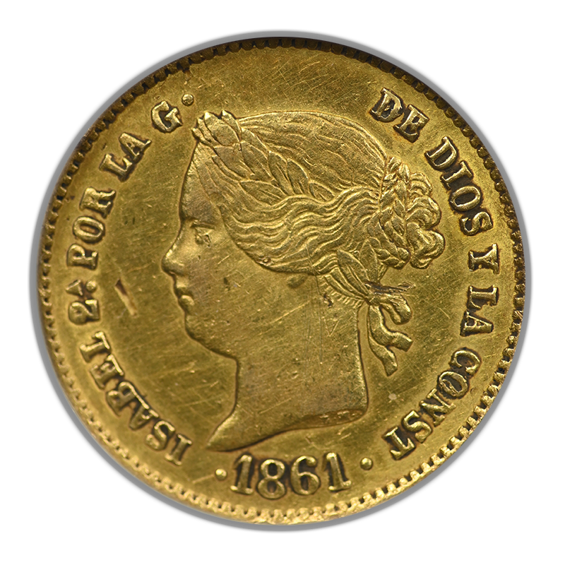1861 Spanish Philippines Gold 2 Pesos G2P NGC NCS XF Details
