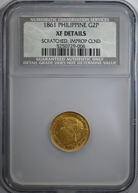1861 Spanish Philippines Gold 2 Pesos G2P NGC NCS XF  Details
