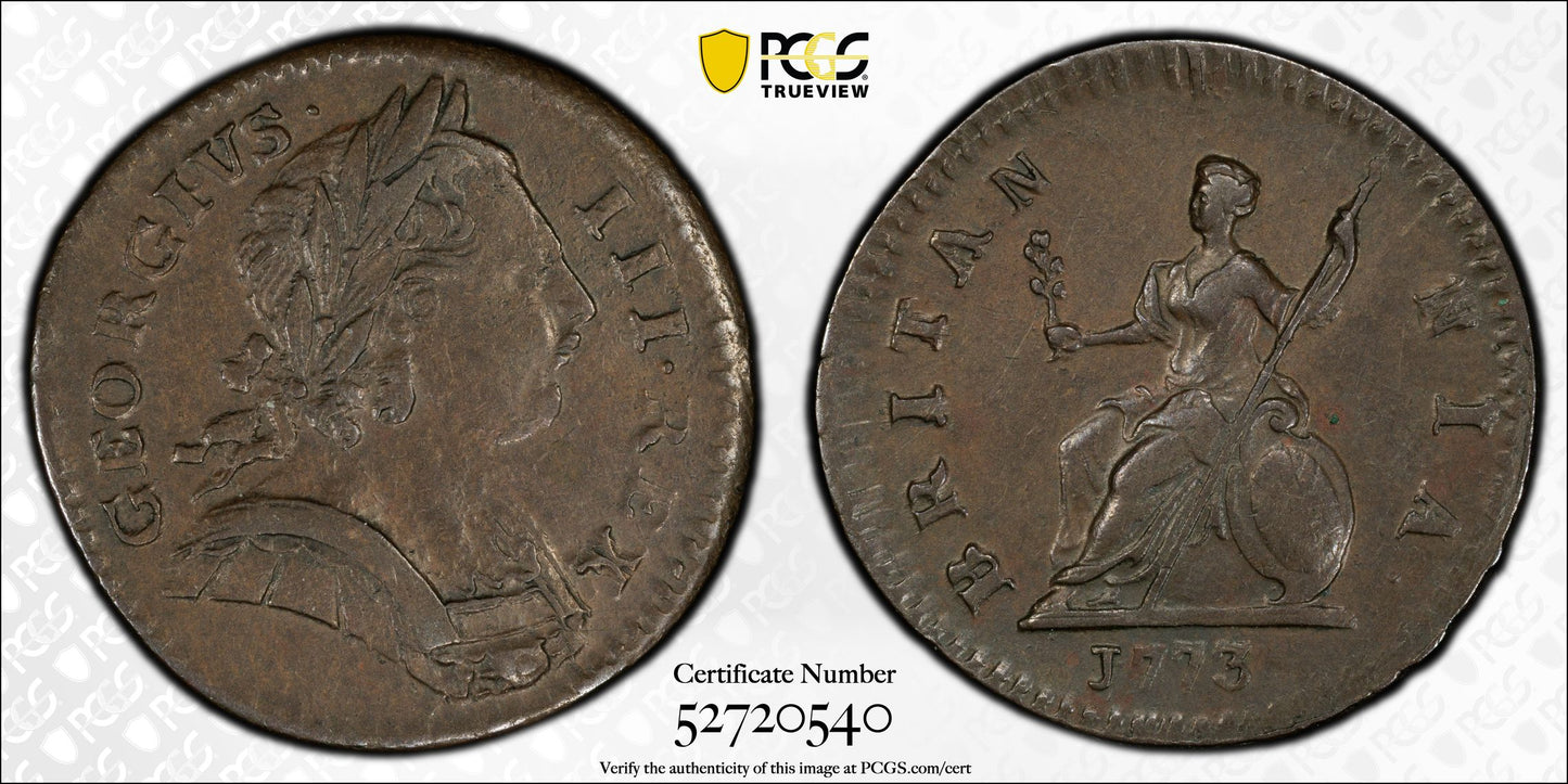 1773 Great Britain 1/4D Farthing PCGS AU58 S-3775 No Stop after REX
