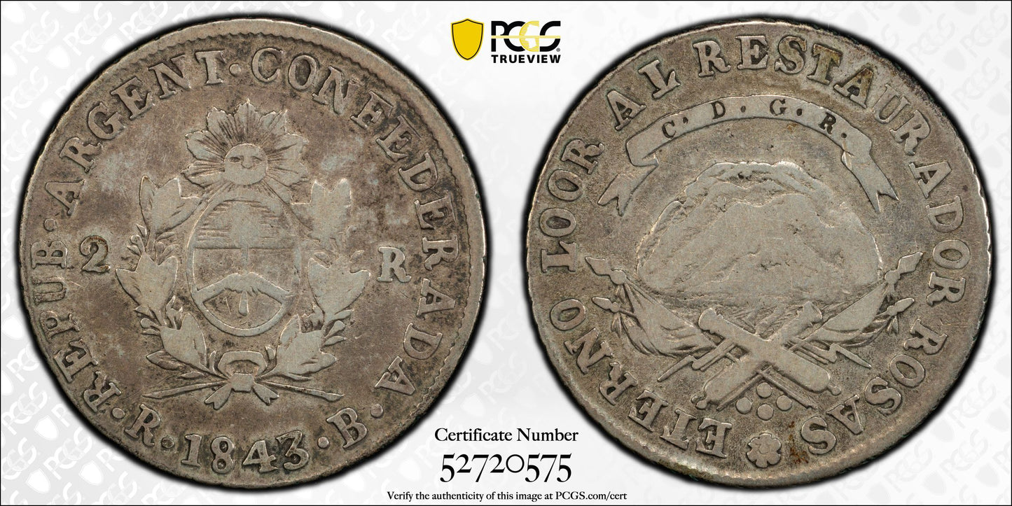 1843-RB Argentina La Rioja 2R Reales PCGS VF30 KM-15