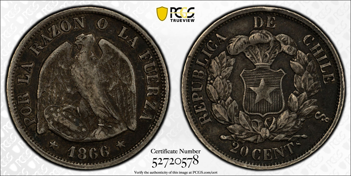1866-So Chile 20C Centavos PCGS XF40