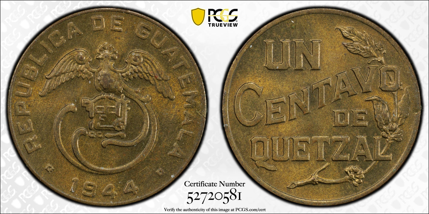 1944 Guatemala 1C Centavo De Quetzal Bird PCGS MS63
