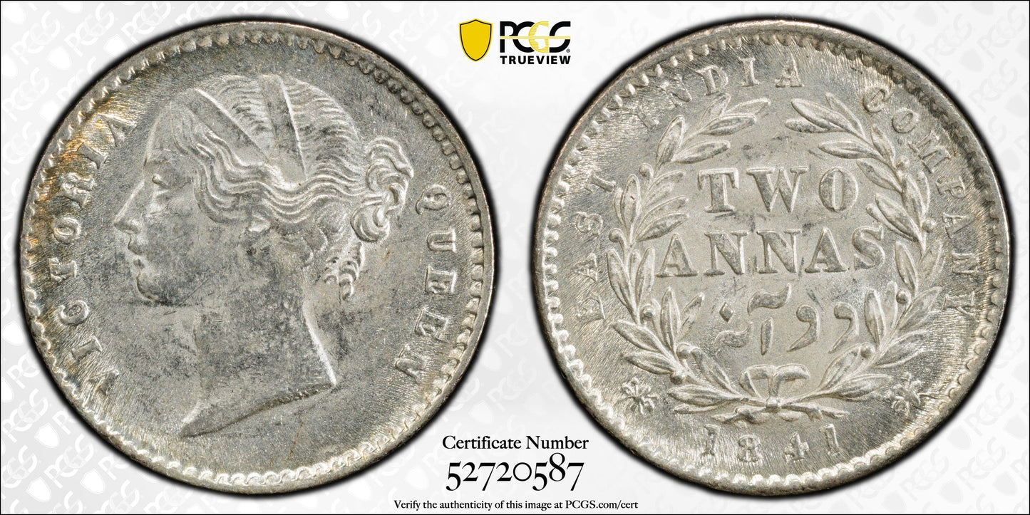 1841(C) India British 2 Annas PCGS MS62 SW-3.62 Prid-121